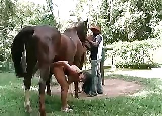 Pony is having fun with a farmer and his wife